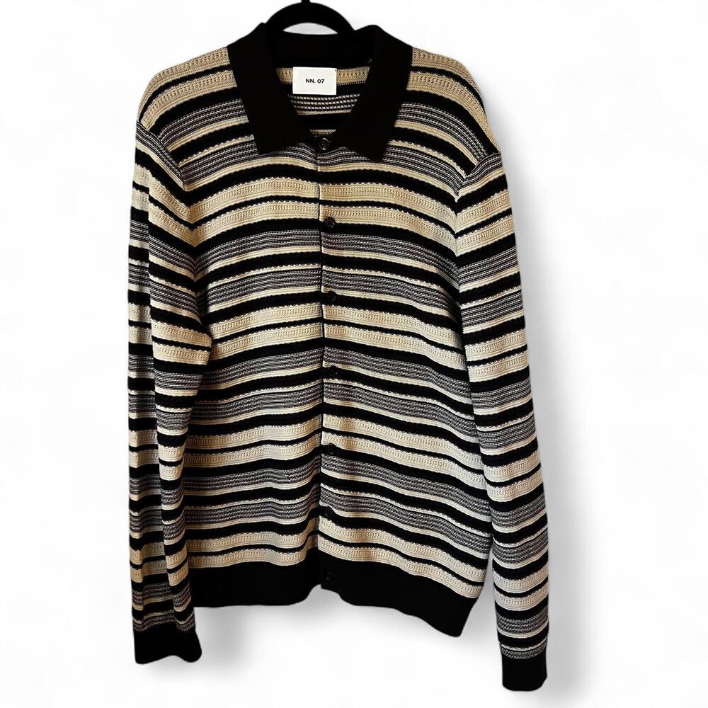 NN 07 - Men’s black, white, and beige horizontal striped cotton sweater - Size X